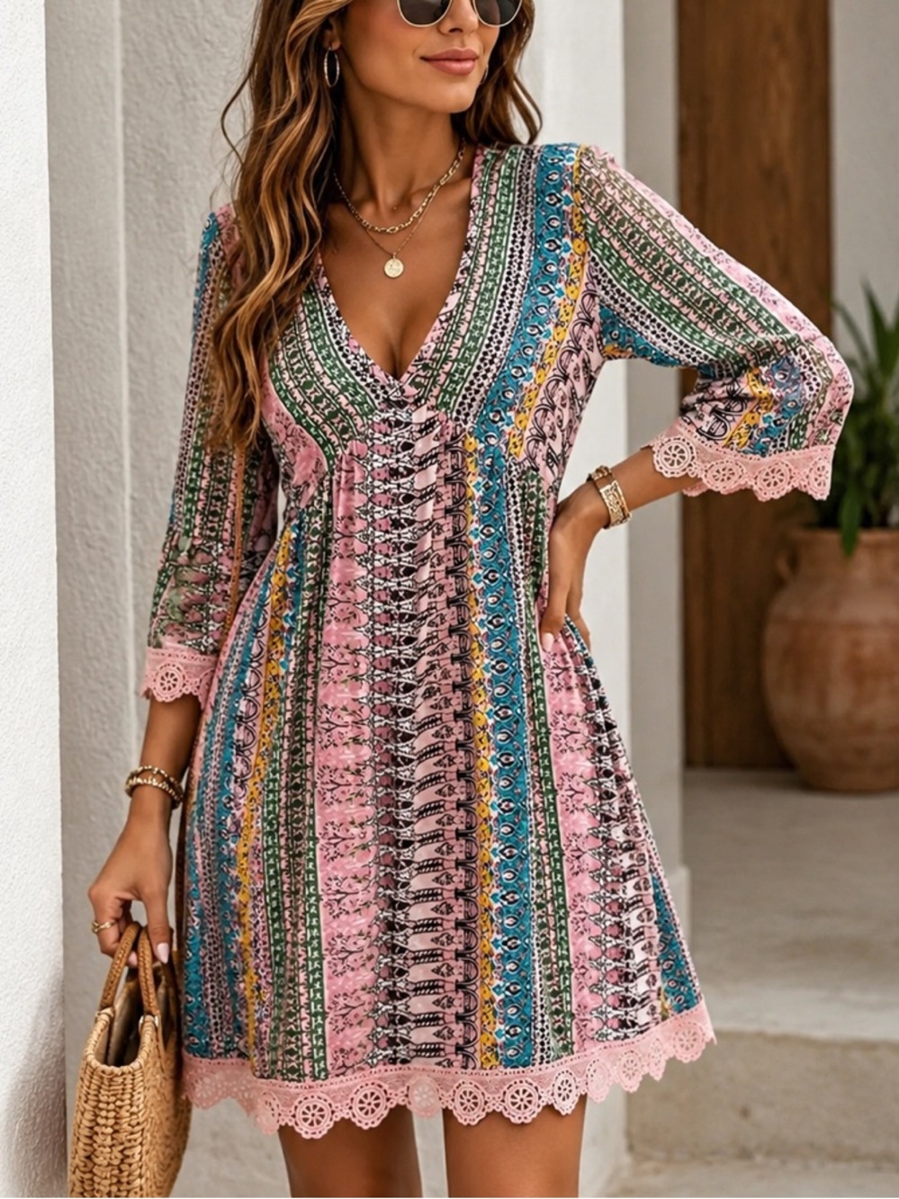 Boho Style- Pink Multicolor Crochet-Trim V-Neck Dress